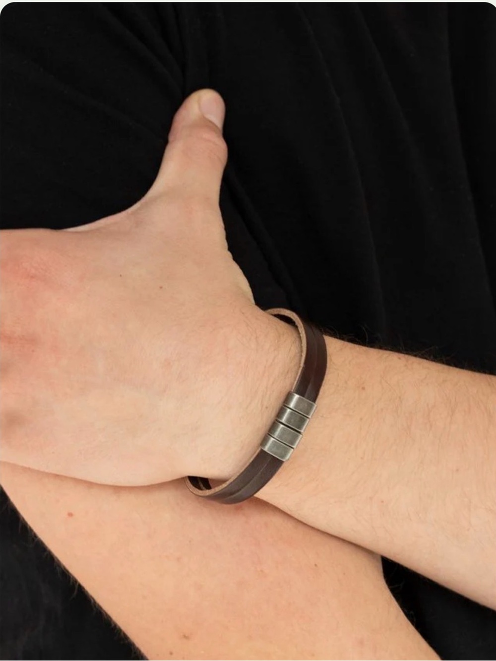 Men's Brown Leather Bracelet with Silver Accents